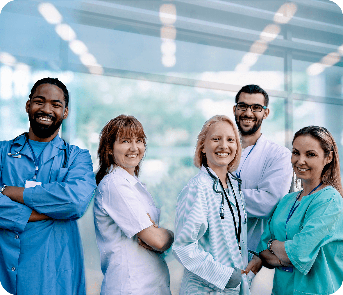 Group of smiling healthcare professionals together.
